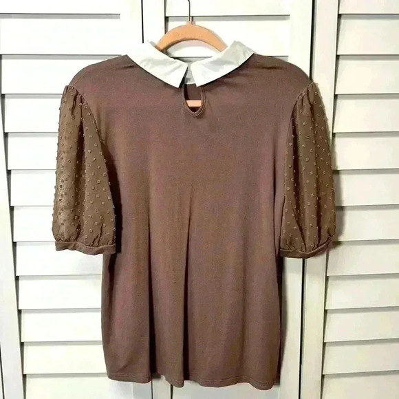 MISA Los Angeles Peter Pan Collar Swiss Dot Balloon Sleeve Top Size Large Taupe - Picture 5 of 7